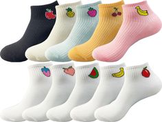 PRICES MAY VARY. FUNNY FRUIT EMBROIDERED, apple, pineapple, strawberry, cherry, banana, peach, watermelon, avocado, lemon, tomato, orange, pear, grape fruit embroidered on this womens no show socks, adds adorable to your normal wardrobe, makes you more attractive and charming among the crowd VARIOUS COLOR AVAILABLE, this women's low rise socks has white, yellow, green, pink, red, orange, purple, black, navy blue, beige multi color, could match most suits. Various pack's athletic socks also could Ankle High Socks, Golf Socks, Funny Fruit, Pineapple Strawberry, Socks Cute, Low Cut Socks, Running Socks, Cute Fruit, Socks For Women