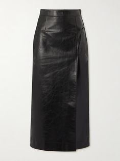 ALEXANDER MCQUEEN Wrap-effect chain-embellished paneled leather midi skirt | NET-A-PORTER Elegant Long Leather Skirt, Evening Leather Midi Skirt, Leather Midi Skirt For Evening, Elegant Leather Asymmetrical Skirt, Leather Skirt Midi, Alexander Mcqueen Clothing, Flat Dress Shoes, Floral Dresses Short, Peplum Jacket