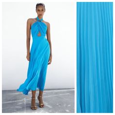 Nwt. Zara Bluish Cut Out Pleated Halter Midi Dress With Gold Buckle And Tie. Front Cut Out At Waist. Interior Lining. Back Hidden In-Seam Zipper Closure. Size S, M, L. Ref. 3564/111. Size S - Pit To Pit 15" Flat, Waist 14,5", Length 55". Size M - Pit To Pit 16" Flat, Waist 15", Length 55". Size L - Pit To Pit 17" Flat, Waist 15,5", Length 55". Blue Midi-length Pleated Dress For Spring, Blue Pleated Midi Dress For Spring, Sleeveless Pleated Beach Dress For Spring, Sleeveless Pleated Dress For Spring Beach, Flowy Pleated Summer Dress, Midi Length, Flowy Midi-length Pleated Summer Dress, Flowy Pleated Midi Dress For Summer, Summer Pleated Midi Dress For Party, Spring Fitted Maxi Length Pleated Dress