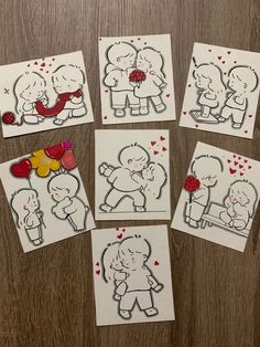 six cards with drawings of people and hearts on them