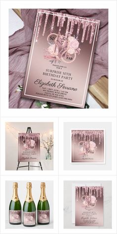 pink and gold wedding suite with champagne bottles, flowers and roses on the front page