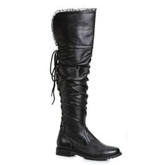 Introducing the Over-the-Knee Women's 1-inch Heeled Pirate Boot in Black. These boots by Ellie are perfect for any pirate adventure. The boots are thick cuffed down with a vertical bronze buckle, wrap around ribbon buckle and made of suede leather. Accessorize to complete the pirate experience. Size: 8.  Gender: female.  Age Group: adult. Pirate Boots Womens, Pirate Core, Black Pirate, Pirate Boots, Costume Boots, Stiletto Heels Boots, Ellie Shoes, Pirate Adventure, Halloween Costume Accessories