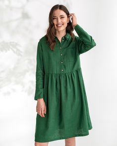 "Flowy linen shirt dress NESSO in vibrant green color brings boho vibes to your closet. Its beautiful design - loose silhouette, front fastening with buttons, a higher waistline, and inner pockets - makes you feel comfortable and look stylish. When it comes to styling this dress, it is super easy to form different looks - wear it alone or pair it with a knit sweater, or jacket or even wear it as a tunic over your favorite pants. Play with accessories and you will see how this linen dress easily adapts to everything as the most beautiful canvas for your styling experiments! Details: * Loose silhouette * Front fastening with buttons * Two inner pockets * High waistline, knee length * Medium weight linen (approx. 200 gsm) * Model is wearing size S and is 5'9\"/180cm - - - - - - - - - - - - - Wrinkled Clothes, Linen Tunic Dress, Chic Shirts, Linen Shirt Dress, Linen Blazer, Vibrant Green, Clothing Care, Linen Top, Linen Women