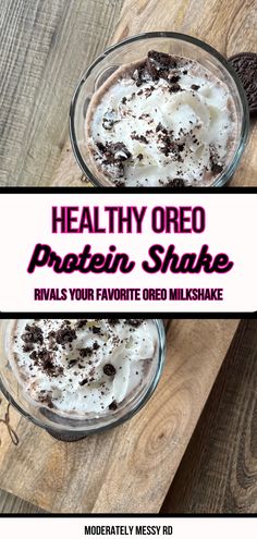 healthy oreo protein shake with chocolate chips and whipped cream in two bowls on a wooden table