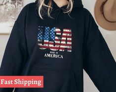 "Made In The USA Hoodie, 4th of July Hoodie, Independence Day Hoodie, Gifts for Him, America Hoodie, USA Party Hoodie HOW TO ORDER -- Check and Review all Photos. -- Select your item's Size and Color from drop down menus. -- Choose the Quantity you want. -- Click ADD TO CART. And, you can go back to add more product colors, or you can complete the checkout process. -- Please Click \"Proceed to Check Out\" -- Finally, your order will be ready to ship 1 - 3 Business Day. ORDER PROCESS * The processing time is usually 1-3 business days. But I will try to get it out on the same day. * Shipping is first class, usually 1-5 business days, depending on the location. * If there are any questions or errors, please don't hesitate to message me! CARE INSTRUCTIONS * DO NOT iron directly on Heat Transfe Winter Pre-shrunk Hooded Hoodies, Patriotic Long Sleeve Sweatshirt For Independence Day, Winter Hoodie For Fans, 4th Of July Long Sleeve Letter Print Sweatshirt, Long Sleeve Letter Print Sweatshirt For 4th Of July, Usa Hoodie, Usa Party, Look Plus, Color Shades