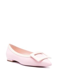 powder pink/light pink calf leather two-tone design decorative logo-engraved matte buckle detail slip-on style pointed toe leather lining branded insole flat sole This item is in size 35 and the color is Pink Luxury Pink Leather Flats, Feminine Pink Slip-on Flats, Elegant Pink Flats With Rubber Sole, Pink Leather Flats With Rubber Sole, Pink Leather Closed Toe Flats, Pink Flats For Work, Pink Closed Toe Flats For Work, Feminine Pink Flats With Low Heel, Pink Feminine Low Heel Flats