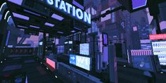 an animated scene of a subway station with many electronic screens and signs on the wall