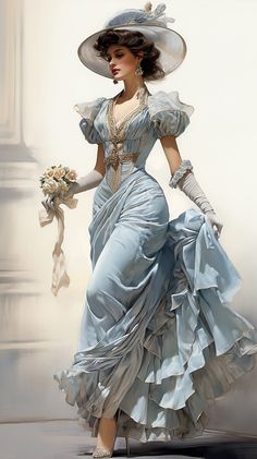 Victorian Era Dresses, Fashion Design Inspiration, العصور الوسطى, Vintage Foto's, Painting Of A Woman, Long Blue Dress, Elegante Casual, Victorian Women, Vintage Gowns