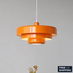 an orange light hanging from a ceiling over a vase with flowers in it and a free us shipping sign below