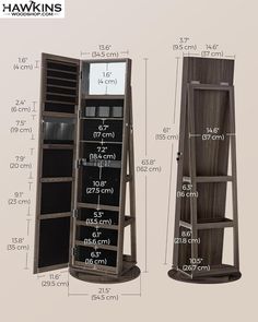 a tall wooden shelf with drawers and measurements