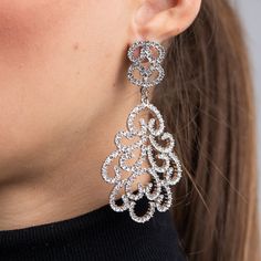 Rhodium and Crystal Pave Filigree Pierced Earrings – KennethJayLane.com Luxury Filigree Oval Earrings, Luxury Designer Hallmarked Earrings, Elegant Sparkling Earrings For Glamorous Events, Elegant Crystal-embellished Jewelry For Glamorous Events, Elegant Crystal Embellished Jewelry For Glamorous Events, Elegant Crystal Earrings For Glamorous Events, Elegant Bridal Earrings With Intricate Design For Evening, Glamorous Formal Bridal Earrings, Silver Cubic Zirconia Earrings For Glamorous Events