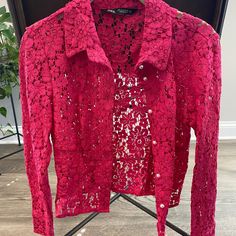 Hot Pink Lace Button Up Blouse From Zara. Pearl Covered Buttons. No Tags But Never Worn. Size Small But Fits More Like Xs. Lace Button, Button Up Blouse, Pink Lace, Zara Tops, Covered Buttons, Hot Pink, Button Up, Top Blouse, Zara