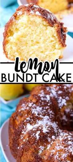 a lemon bundt cake with powdered sugar on top and the words lemon bundt cake above it