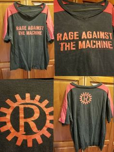 RAGE AGAINST THE MACHINE VINTAGE GRAPHIC 2 SIDED T-SHIRT BLACK & RED V-NECK Football Style MADE BY GIANT Size XL. This is the real deal true vintage RAGE shirt. This is not a cheap china reprint. It shows signs of heavy wear and distressing. One small hole on the back left shoulder area. Please see all of the photos provided for an accurate description of the item Condition as what is shown is exactly what you will receive. Thank you for your interest. Vintage Cotton Top For Concert, Retro Distressed Tops For Concert, Vintage Crew Neck Tops For Concerts, Retro Distressed Cotton Tops, Vintage Relaxed Fit Logo Print Top, Vintage Tops With Logo Print In Relaxed Fit, Vintage Cotton Distressed Tops, Retro Distressed Short Sleeve Tops, Vintage Letter Print Shirt For Concerts