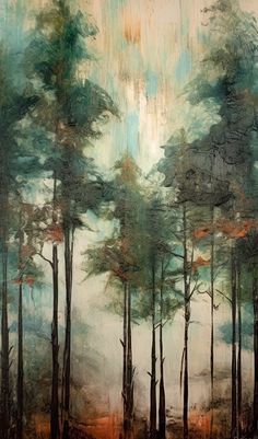 an abstract painting of trees in the woods