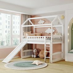 a child's bedroom with a white bunk bed and a slide in the corner