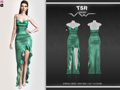 a woman in a green dress standing next to a white mannequin with the word tsr on it