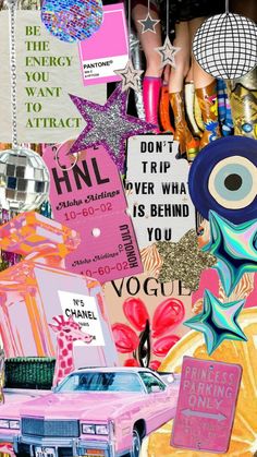 a collage of pink and blue items with words on them that say hil, don't trip over what is behind you