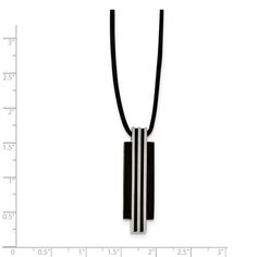 The clean sleek styling of this black rubber cord necklace features a polished and black-plated stainless steel vertical bar pendant. The pendant measures approximately 11mm (7/16 inch) in width by 38mm (1 1/2 inch) length. The rubber cord is 2mm in width, 20 inches in length and closes with a fancy lobster clasp. Arrowhead Pendant Necklace, Vertical Bar, Bow Jewelry, Layered Chains, Stainless Steel Polish, Tiger Eye Beads, Black Plates, Bar Pendant, Steel Design