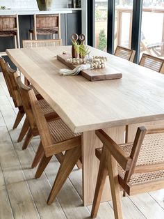 Angled view of White Oak Live-Edge Table against a white wall. - Saffron and Poe Coastal Dining Room, Wood Dining Room Table, Garden Retreat, Coastal Dining, Kitchen Table Wood, Desain Furnitur Modern, Long Dining Table, Victorian Garden, Wood Dining Room