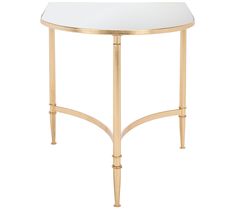 a gold metal and glass side table with an oval mirror top on the bottom shelf