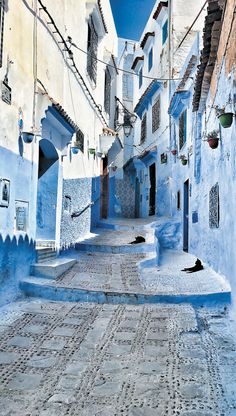 an alley way with blue buildings and cobblestones