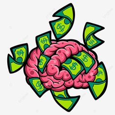 a cartoon brain with money coming out of it's center and arrows around it