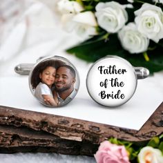 "Make your father feel extra special on your wedding day with these personalized Father of the Bride cufflinks.  These stylish cufflinks feature a heartwarming photo of you as a child, along with the saying \"Father of the Bride\". Custom photo cuff links for Father of the Bride - Your custom photo on one and \"Father of the Bride\"  Dad will love this beautiful pair of cuff links which are approximately 20mm in diameter (3/4 inch).  *PLEASE SEND US YOUR PHOTO How to order: 1. Purchase this list Personalized Cufflinks For Wedding And Father's Day, Wedding Cufflinks With Gift Box For Father's Day, Customizable Cufflinks For Father's Day Gift, Customizable Cufflinks As A Father's Day Gift, Adjustable Round Cufflinks For Wedding, Silver Cufflinks For Wedding Gift, Silver Wedding Cufflinks Gift, Personalized Adjustable Cufflinks For Father's Day, Father's Day Personalized Cufflinks