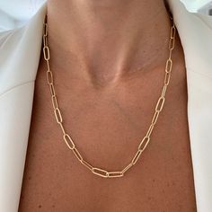 Gold Link Chain Paperclip Necklace 18K Gold Filled Link - Etsy Elegant Rectangular Chain Necklace For Formal Occasions, Formal Rectangular Paperclip Chain Necklace, Classic Rectangular Chain Necklaces, Yellow Gold Chain Necklace With Rectangular Pendant, Elegant Oblong Gold Chain Jewelry, Elegant Oblong Chain Necklace, Elegant Rectangular Delicate Chain Necklace, Modern Rectangular Paperclip Chain Necklace, Classic Necklaces With Adjustable Chain And Rectangular Shape