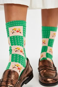 Add the perfect fun and funky touch to every style with these staple crew socks featured in a gingham print with floral detailing for an added femme finish. | Country Gingham Crew Socks by Hansel From Basel at Free People in Green Autumn Socks, Designer Handbag Brands, Fun Socks, Luxury Designer Handbags, Funky Fashion, Gingham Print, Our Country, Cool Socks, Basel