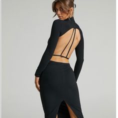 Has Light Comfy Elastic So It Stays In Place. Elegant And Sexy. It Fits Like A S/M, But Says Size L. Stretch Midi Backless Dress For Night Out, Black Stretch Backless Dress For Spring, Spring Black Stretch Backless Dress, Stretch Black Backless Dress With Cutout Back, Black Stretch Backless Dress With Cutout Back, Black Stretch Dress With Cutout Back, Edgy Backless Dresses For Spring, Edgy Backless Spring Dresses, Fitted Black Backless Dress With Cutout Back