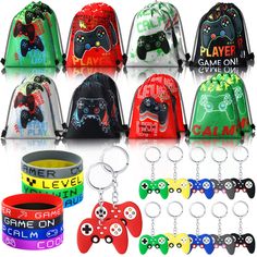 PRICES MAY VARY. a Complete Party Favor Set: you will receive 16 pieces of gift bags in 8 styles, 16 pieces of keychains in different colors and 16 pieces of wristbands in multiple designs, 48 pieces in total, a complete combination and sufficient quantity can easily meet your using needs Game Themed Design: our gamer party favors are designed with game themed patterns, including game controller modeling, game theme words and so on, mainly in red, gray, green and black, making the favors more co Game Truck Birthday Party, Video Game Party Favors, Mermaid Keychain, Bags Video, Fun Video Games, Gamer Party, Video Game Party, Bags Game, Toy Storage Bags