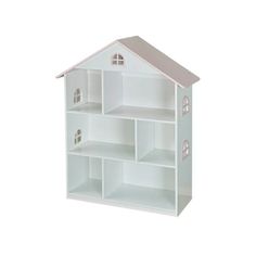 a white doll house with pink roof and windows on the top shelf is shown against a white background