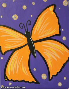 an orange butterfly painted on purple and yellow with white dots around it's wings