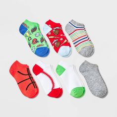 Add a playful, comfy bundle to your little one's sock collection with the Boys' 7pk No Show Sports Socks from Cat & Jack™ in Green. Made with a combination of soft, stretchy fabric, these no-show socks are easy on the feet for prolonged wear. Each pack contains 7, lightweight no-show socks, featuring cool, sporty prints in assorted colors, ready for pairing with various outfits. Cat & Jack™: Kids’ clothing with an imagination of its own. White Socks For Playtime, White Sporty Socks For Playtime, Sporty Multicolor Cotton Socks, Fun Non-slip Socks For Playtime, Green Casual Socks For Playtime, Casual Cotton Socks For Playtime, Casual Green Socks For Playtime, Multicolor Casual School Socks, Casual Multicolor School Socks