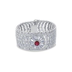 A breathtaking Art Deco style bracelet featuring a Burmese Ruby center stone. Masterfully hand-crafted in 18k White Gold. Feauting 13.21cts of Si-i1 Diamonds. Luxury Diamond Gemstone Bracelet, Luxury Diamond Gemstone Bracelets, Luxury Diamond Bracelets With Gemstones, Luxury Ruby Baguette Cut Jewelry, Elegant Diamond Bangle With Gemstones, Diamond Cuff Bracelet Bangle For Formal Occasions, Luxury Hand Set Round Bangle, Luxury Ruby Bracelets, Luxury Ruby Diamond Bracelet