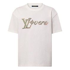 LOUIS VUITTON Embroidered T-shirt 'White' 1AFR96 Luxury White T-shirt With Letter Print, Luxury White Top With Letter Print, Luxury White Tops With Letter Print, Luxury White Short Sleeve T-shirt, Luxury White T-shirt With Logo Print, Luxury Short Sleeve T-shirt With Embroidered Logo, Designer Embroidered White Tops, Luxury White Short Sleeve Top, Luxury White Tops With Embroidered Logo