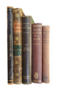 an assortment of old books are lined up on a shelf against a white background,