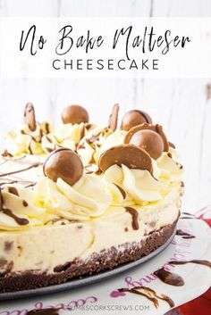 no bake malteseser cheesecake on a plate with chocolate and white frosting