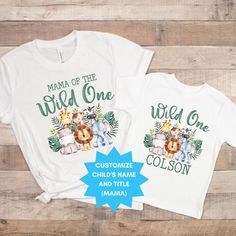 Celebrate your little one's first birthday in style with our matching family "Wild One" t-shirts! Featuring a playful safari jungle theme, these shirts are perfect for the whole family to wear and show off their wild side. The shirts can be personalized with "Mama of the Wild One," "Daddy of the Wild One," "Grandma of the Wild One," ...Grandpa, Mommy, Aunt, Uncle, Brother, Sister, Cousin... and more, making them a great way to include everyone in the festivities. Add your child's name to their s Wild One Mom Outfit, Boy Birthday Shirt, The Wild One, Wild One Birthday, Family Birthday Shirts, Safari Jungle, Birthday Boy Shirts, Family Birthday, Jungle Theme