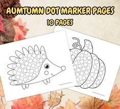 two autumn dot marker pages with leaves and acorns in the background, on top of