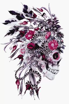 a drawing of a skull with flowers and feathers on it's head is shown