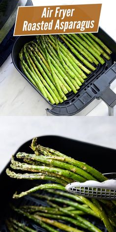 an air fryer roasting asparagus in a pan with the words roasted asparagus on it