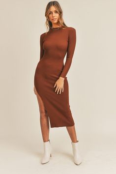 Just throw on the Pauline Cognac Brown Ribbed Bodycon Midi Dress and you're good to go! Stretchy ribbed knit shapes a sexy midi dress that has long sleeves, a high neckline, and a figure-hugging silhouette that ends at a midi hem with a sexy extra-high side slit. DETAILS & CARE .80%Viscose/20%Nylon. Machine wash cold. Imported. Ribbed Bodycon Midi Dress, Sweater Midi Dress, Brown Midi Dress, Dress Date Night, Midi Sweater Dress, Staple Dress, Bodycon Sweater, Bodycon Sweater Dress, Boho Pink