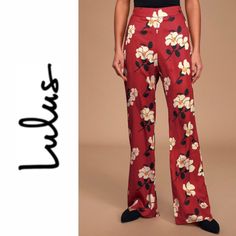 Nwt In Original Package. These Chic Satin Pants Boast A Tropical Floral Print Pattern Throughout As They Shape A Banded High-Waisted Fit And Side Seam Pockets. Breezy And Relaxed Pant Legs End In Full-Length, Slightly Flared Hems. Hidden Side Zipper/Clasp. Lined. 100% Polyester - Non-Stretchy. Hand Wash Cold. Imported. True To Size. Fitted. Measurements: Waist Is 15” (X2), Hips 21” (X2), Outseam 43”, Inseam 33”, Front Rise 13”, Back Rise 14”. Feel Free To Reach Out With Any Questions Or An Offer Chic Red Floral Print Bottoms, Red Printed Wide Leg Bottoms, Red Floral Print Bottoms For Spring, Red Printed Bottoms For Spring, Red Floral Print Spring Bottoms, Spring Red Floral Print Bottoms, Red Floral Print Bottoms For Fall, Casual Red Printed Pants, Fitted Red Printed Bottoms