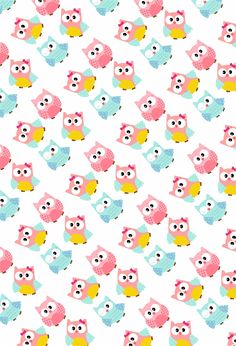 an image of colorful owls and birds on white background with blue, yellow, pink, green