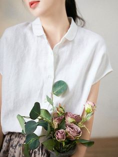 Styles: Casual Material: Linen Clothing Length: Regular Sleeve Length: Short Sleeve Collar: Lapel Decoration: Button Pattern: Solid Color Season: Summer #shirt #linen #blouse #whitetop Casual Plain Blouse For Spring, Summer Blouse With Casual Collar And Buttons, Plain Button-up Summer Blouse, Casual Collar Spring Shirt For Summer, Spring Summer Shirt With Casual Collar, Casual Plain Collared Blouse, Casual Collared Plain Blouse, Casual Plain Button-up Blouse, Spring Collar Blouse With Relaxed Fit