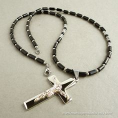 Mens Cross Necklace Stainless Steel Crucifix by mamisgemstudio, $56.95 Black Crucifix Jewelry For Jewelry Making, Crucifix Jewelry With Black Beads As Gift, Black Beaded Crucifix Jewelry, Silver Crucifix Jewelry With Black Beads, Onyx Cross Jewelry Gift, Onyx Cross Jewelry As A Gift, Spiritual Onyx Cross Jewelry, Mens Cross Necklace, Mens Crosses