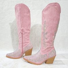 Yours Forever Soft Vegan Leather Multi Size Iridescent (Multi Color Sparkle) Rhinestones Gorgeous! Western Cut Heels ( Approx. 2.75") Knee High Shaft With Half Inner Zipper For Easy On/Off Brand New In Box Composite Sole With Faux Wood Look Heels Bling Out Cowboy Boots, Western Glitter Boots, Pink Cowgirl Fancy Dress, Ponk Cowgirl Boots, Blingy Cowgirl Boots, Cowgirl Rhinestone Boots, Summer Boots With Rhinestones And Round Toe, Embellished Pink Boots For Spring, Pink Embellished Boots For Spring