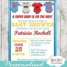 this is an image of a baby shower with superman and batman onesuits on it